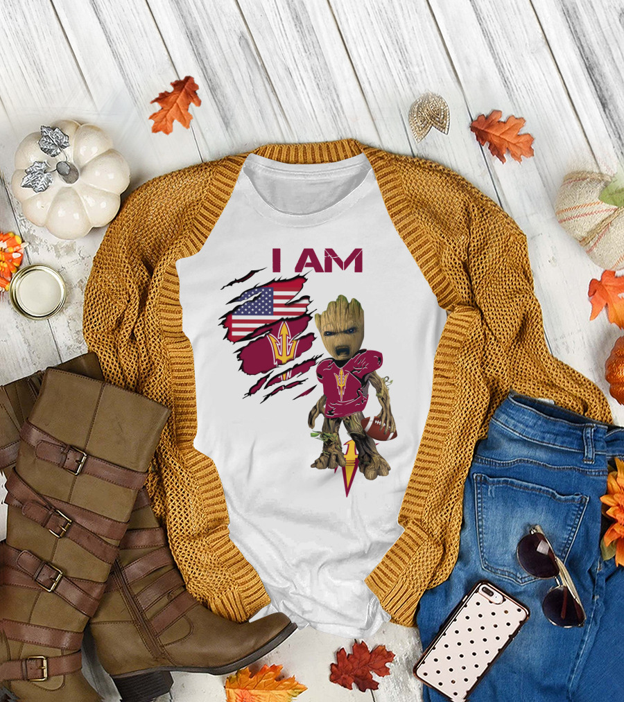 I Am ASU Baby Groot Football American Flag T-Shirt