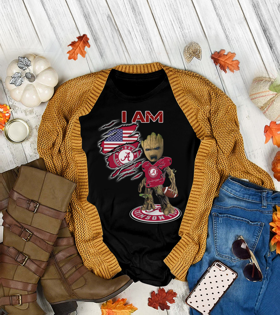 I Am Alabama Crimson Tide Baby Groot Usa Football Flag T-Shirt
