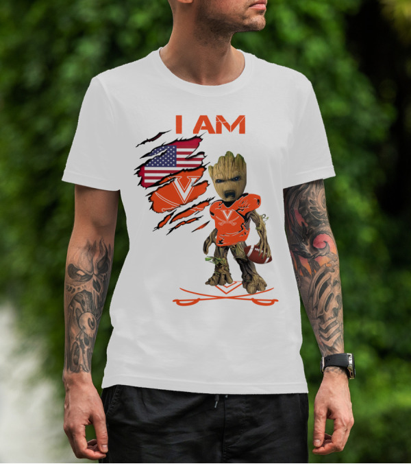I Am Baby Groot Virginia Cavaliers Football Fan USA Flag T-Shirt