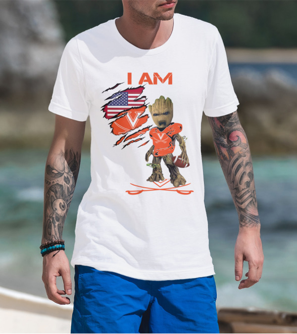 I Am Baby Groot Virginia Cavaliers Football Fan USA Flag T-Shirt