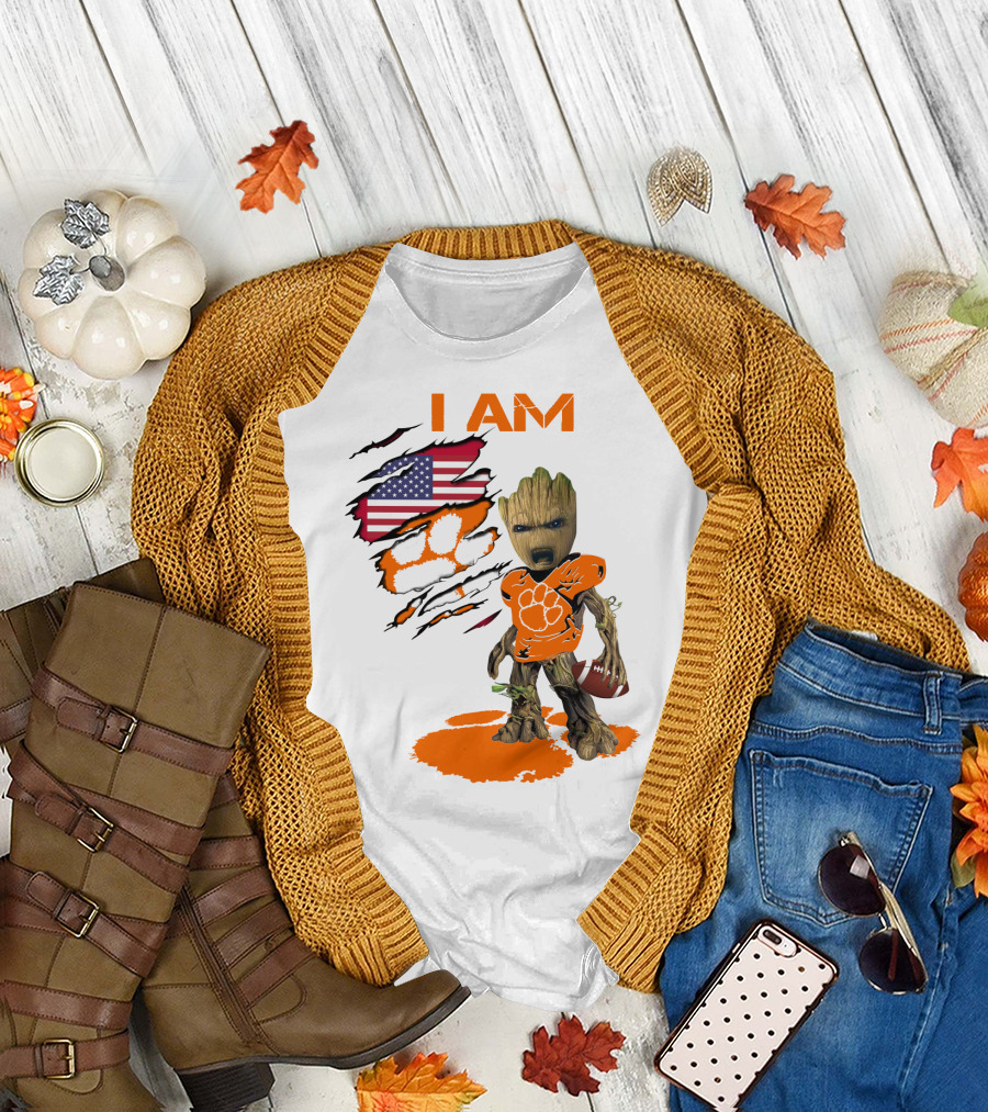 I AM Clemson Baby Groot American Flag Tiger Paw Football T-Shirt