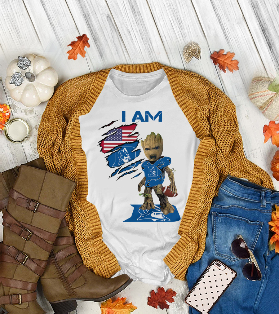 I Am Duke Baby Groot Holding Football with American Flag T-Shirt