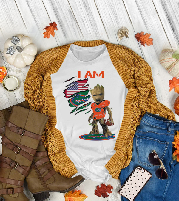 I Am Gators Baby Groot Football USA Flag T-Shirt
