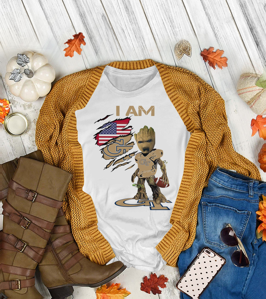 I AM Geo Baby Groot Football GT American Flag T-Shirt