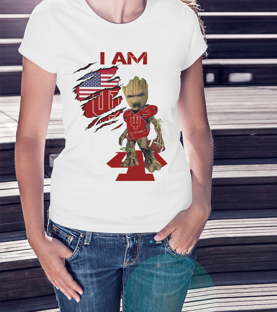 I AM Indiana Hoosiers Baby Groot Football USA Flag T-Shirt