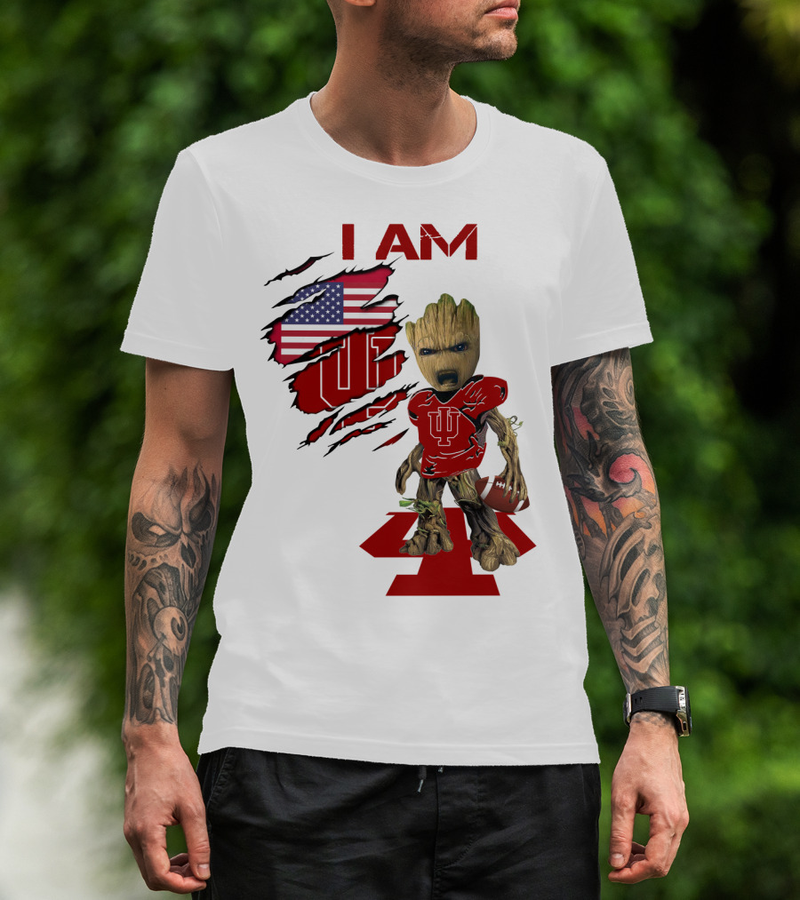 I AM Indiana Hoosiers Baby Groot Football USA Flag T-Shirt