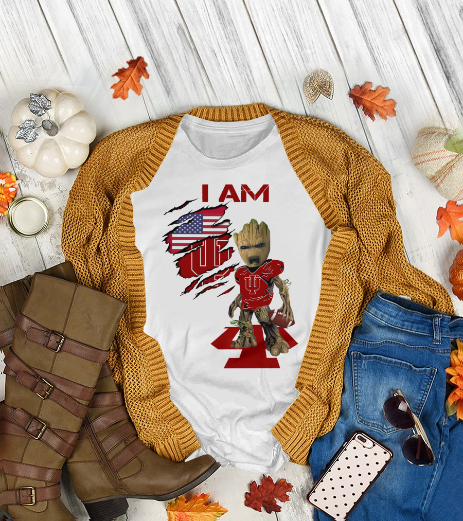 I AM Indiana Hoosiers Baby Groot Football USA Flag T-Shirt