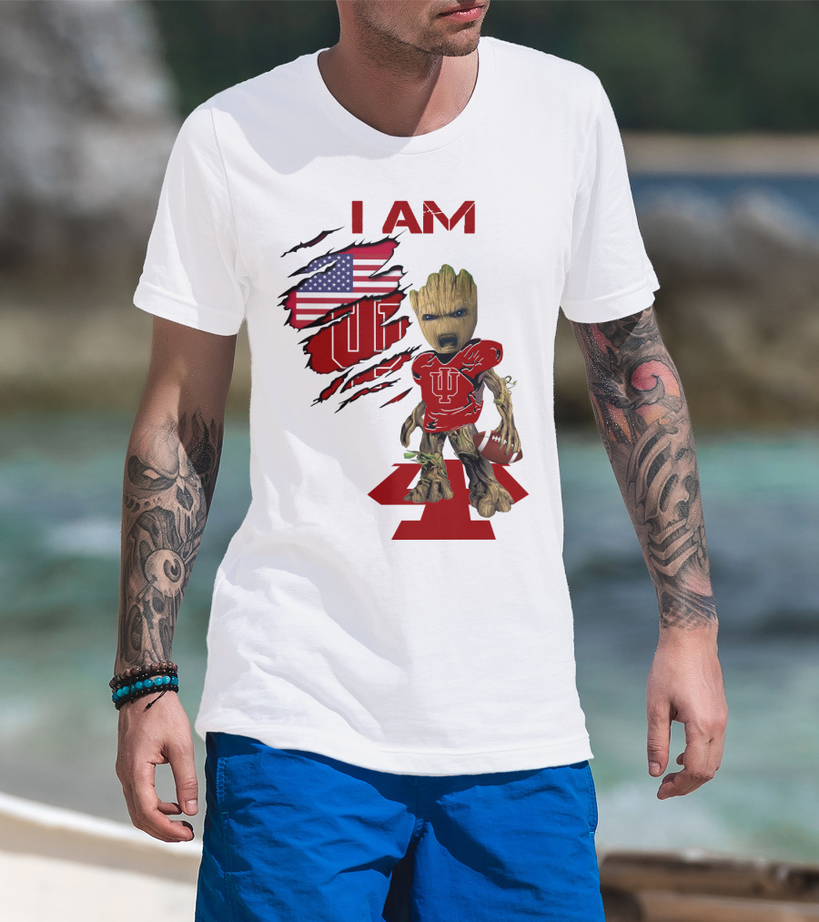 I AM Indiana Hoosiers Baby Groot Football USA Flag T-Shirt