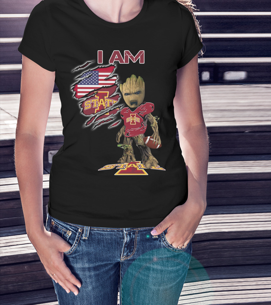 I Am Iowa State Baby Groot Football American Flag T-Shirt