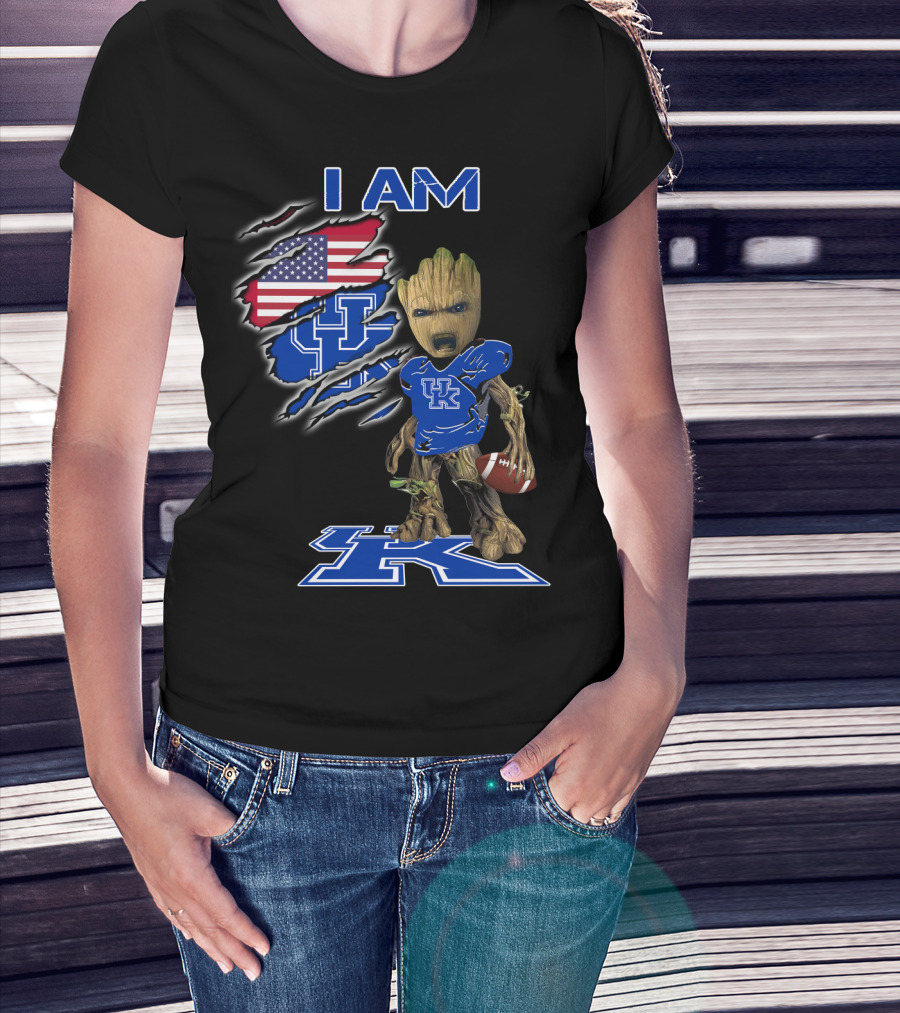 I Am Kentucky Uk Baby Groot American Flag Football Uk Wildcats Fan T-Shirt