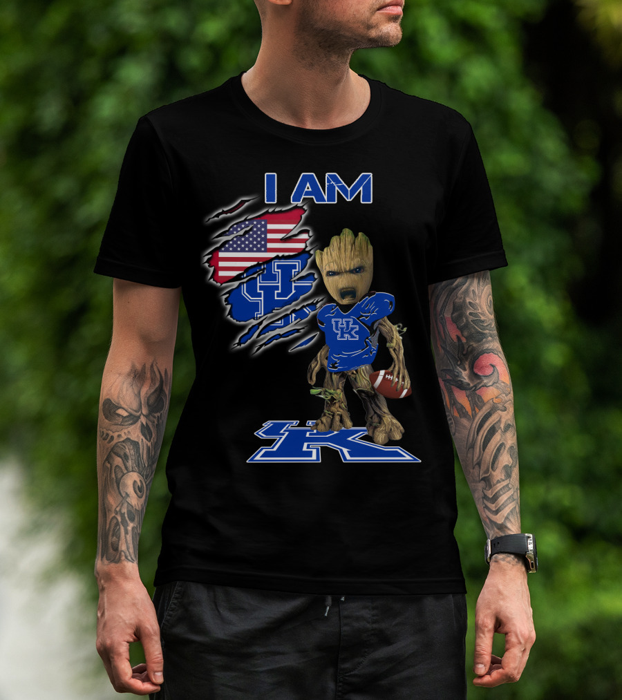 I Am Kentucky Uk Baby Groot American Flag Football Uk Wildcats Fan T-Shirt