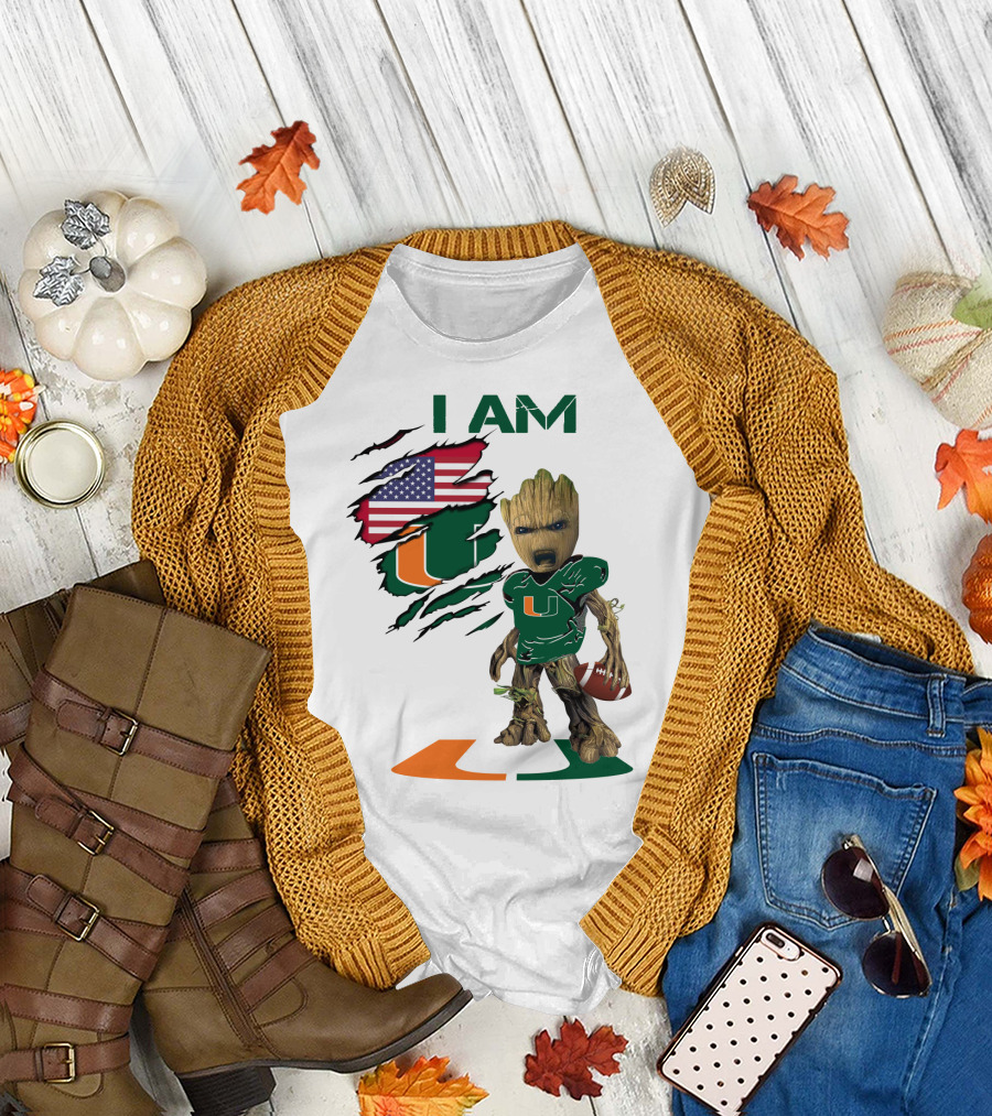 I AM Miami Hurricanes Baby Groot Football USA Flag T-Shirt