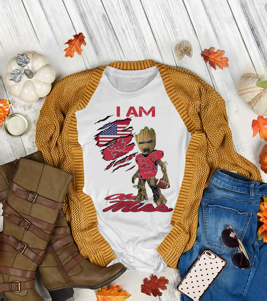 I Am Ole Miss Baby Groot Football USA Flag T-Shirt