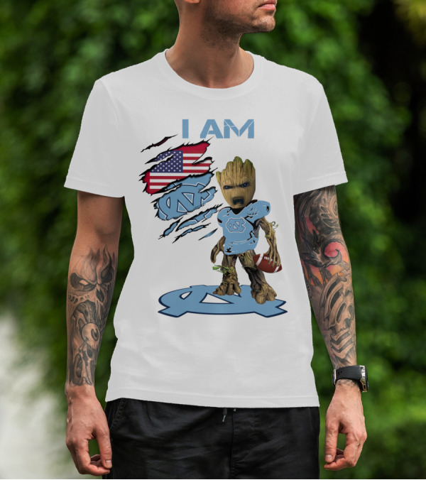 I Am Baby Groot Tarheels Football USA Flag T-Shirt