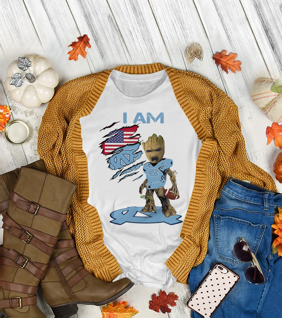 I Am Baby Groot Tarheels Football USA Flag T-Shirt