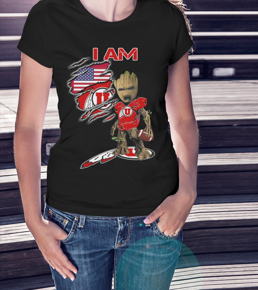 I AM Utes Baby Groot American Flag Football T-Shirt