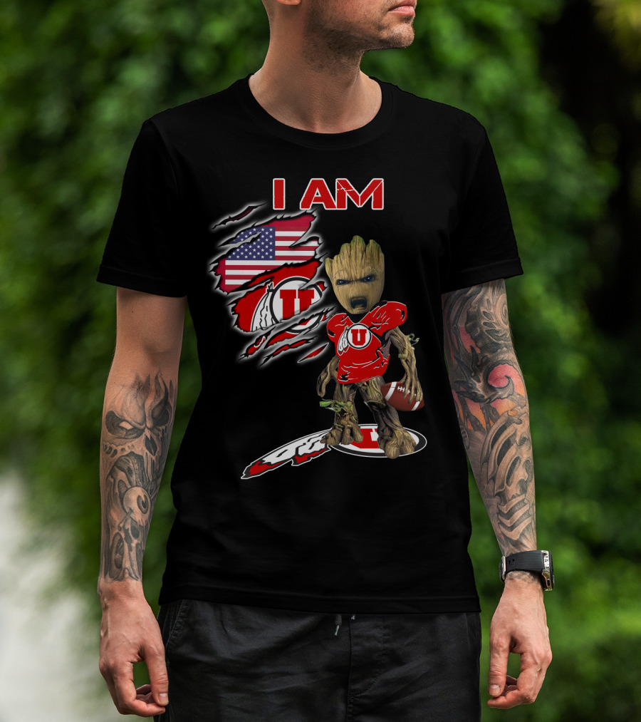 I AM Utes Baby Groot American Flag Football T-Shirt