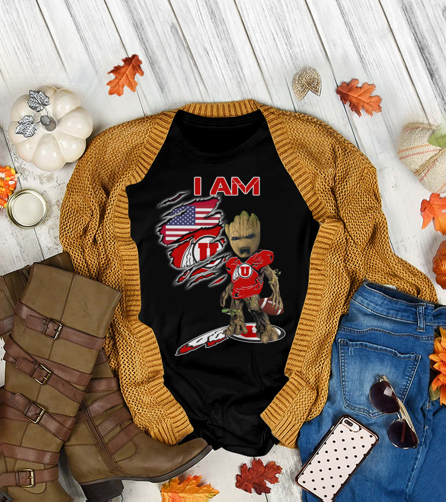 I AM Utes Baby Groot American Flag Football T-Shirt