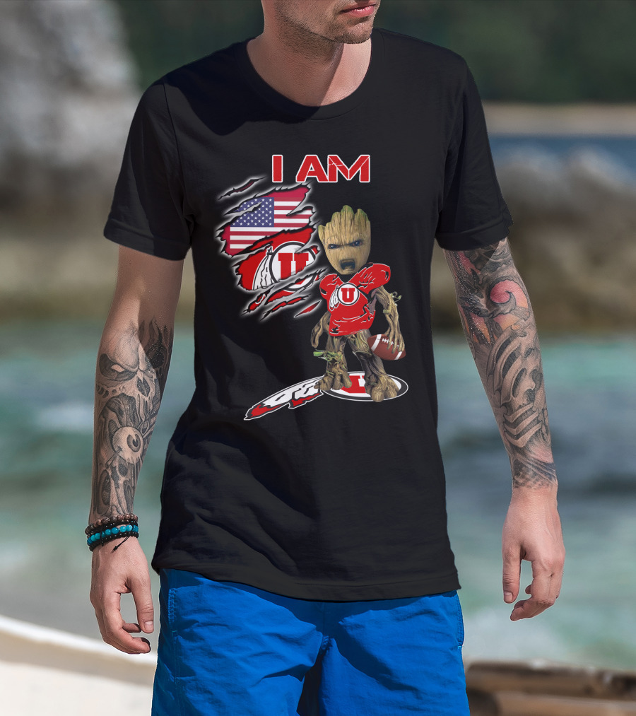 I AM Utes Baby Groot American Flag Football T-Shirt