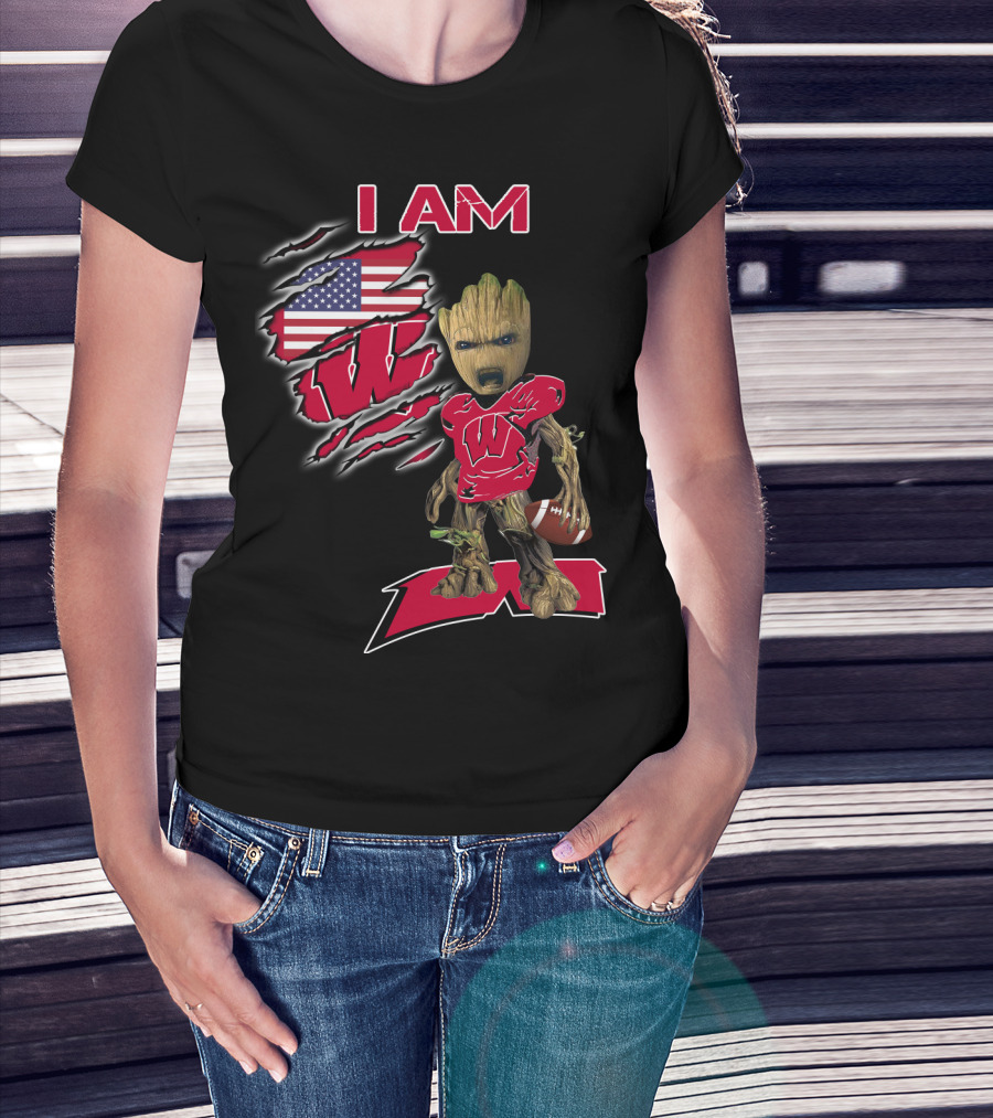 I Am Wisconsin Baby Groot Usa Flag Football W T-Shirt