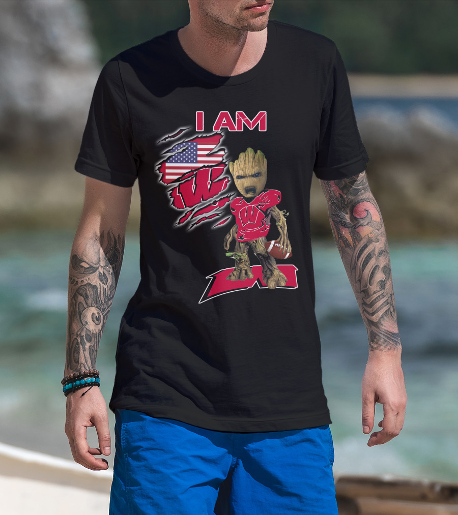 I Am Wisconsin Baby Groot Usa Flag Football W T-Shirt