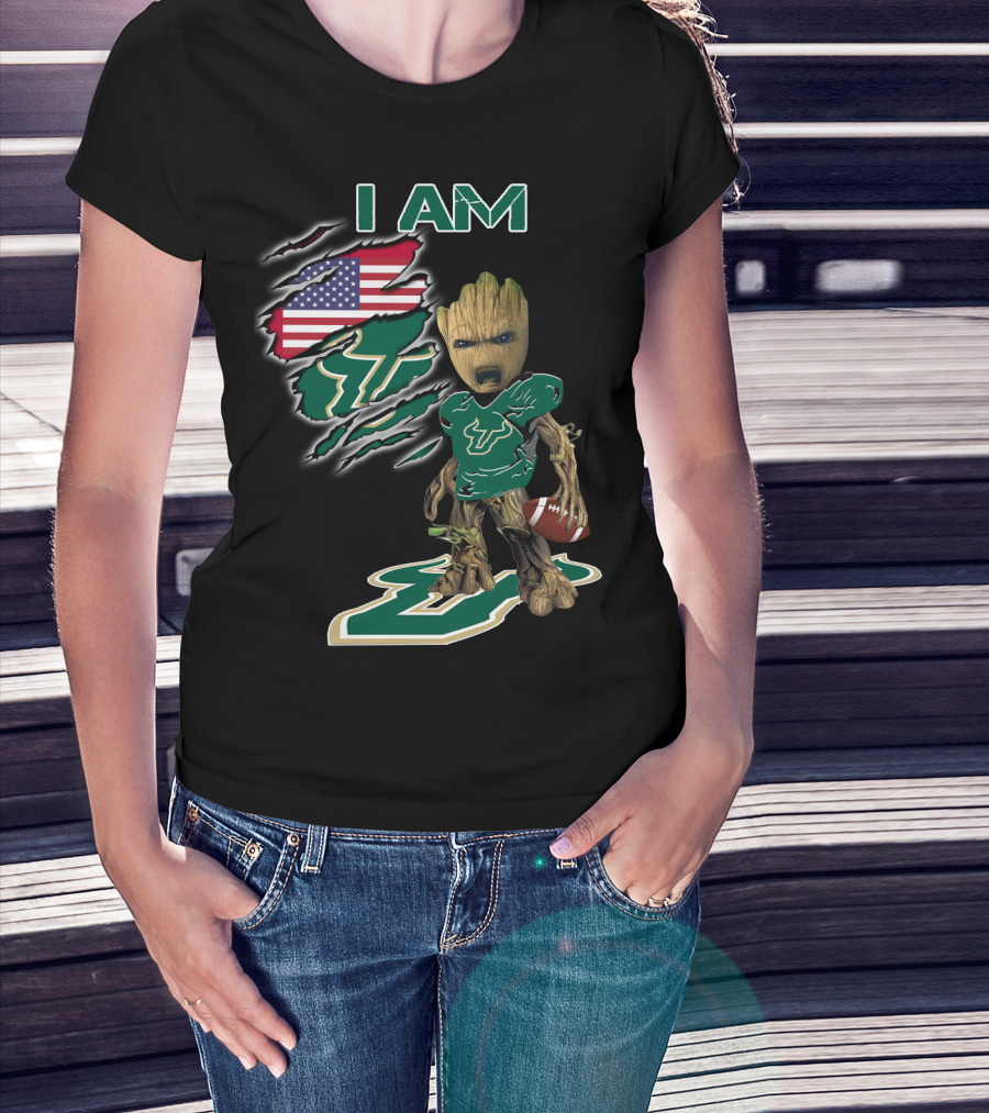 I Am Usf Baby Groot Holding Football With Usa Flag And Bulls T-Shirt