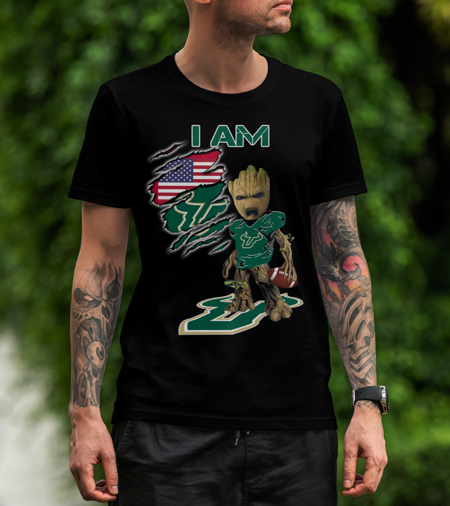 I Am Usf Baby Groot Holding Football With Usa Flag And Bulls T-Shirt