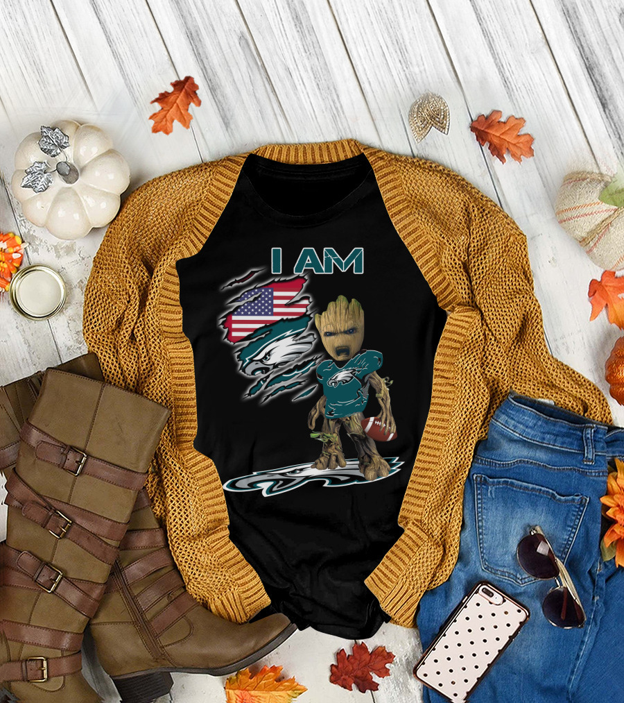 I Am Eagles Baby Groot American Football Fan T-Shirt