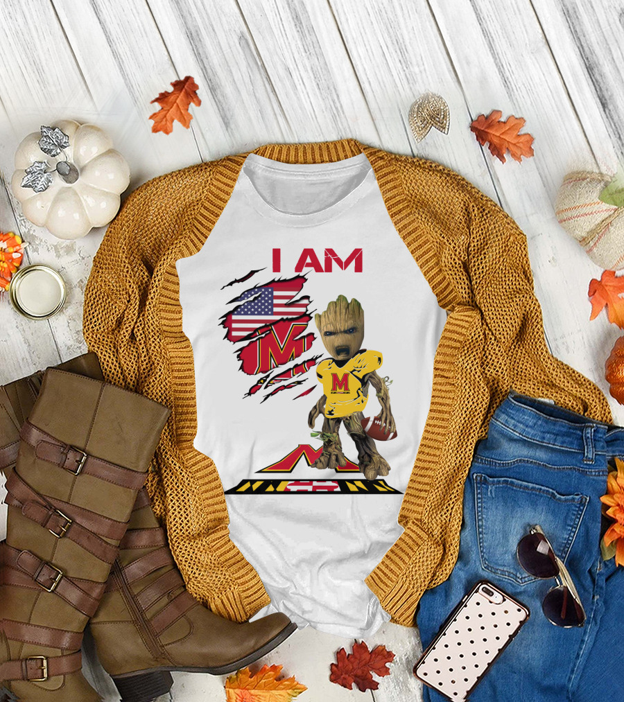 I Am Maryland Baby Groot Football M Logo American Flag T-Shirt