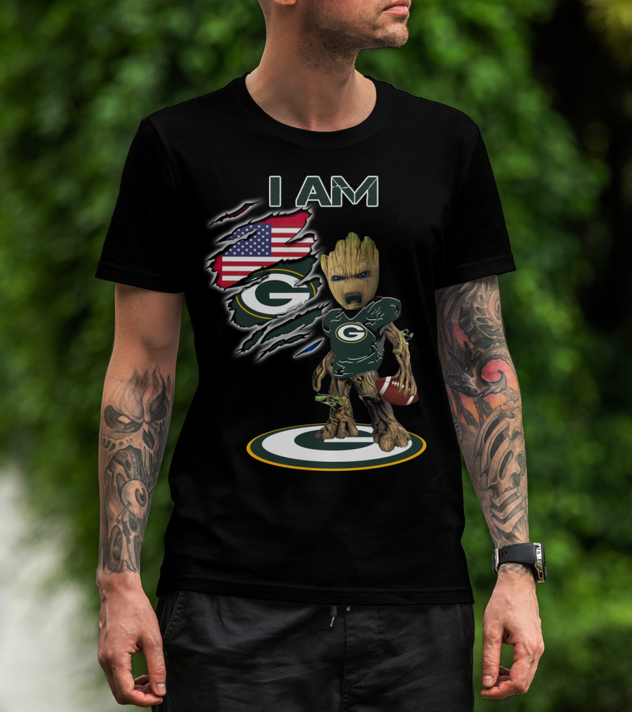 I Am Packers Baby Groot American Flag Football T-Shirt