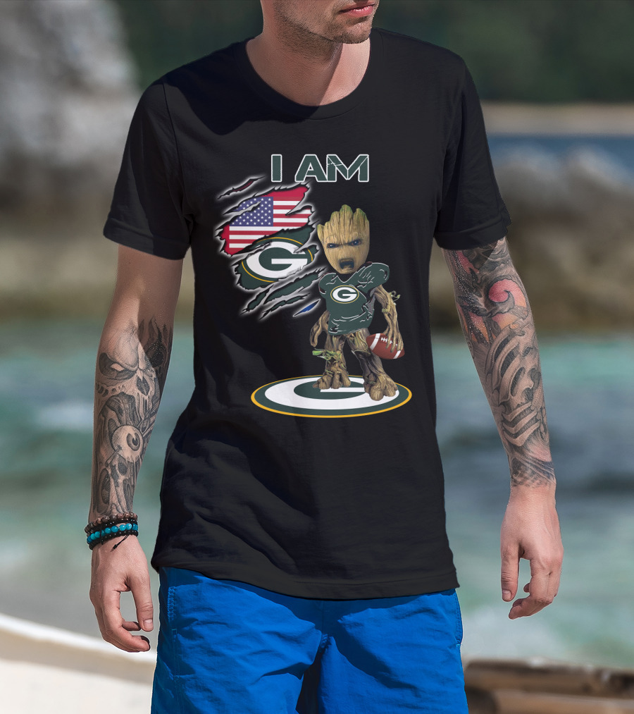 I Am Packers Baby Groot American Flag Football T-Shirt