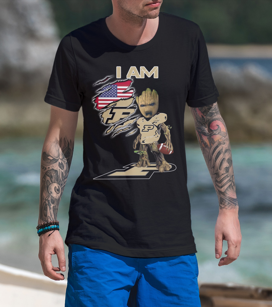 I Am Purdue Baby Groot American Flag Purdue Football T-Shirt