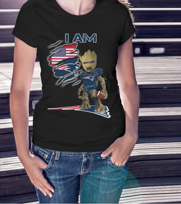 I AM Patriots Baby Groot American Flag Football T-Shirt
