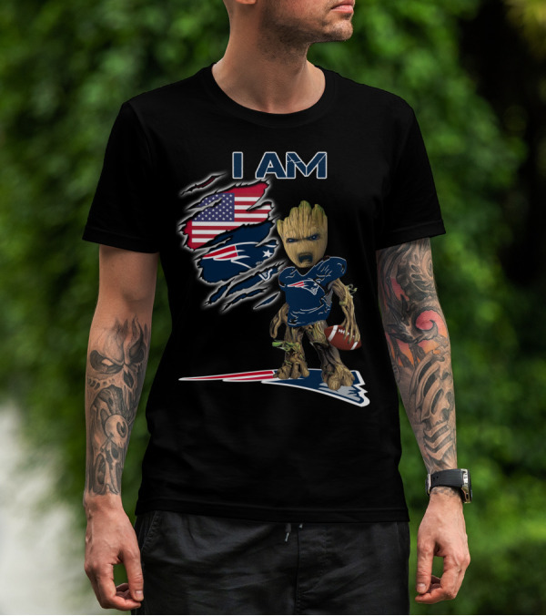 I AM Patriots Baby Groot American Flag Football T-Shirt