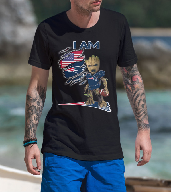 I AM Patriots Baby Groot American Flag Football T-Shirt