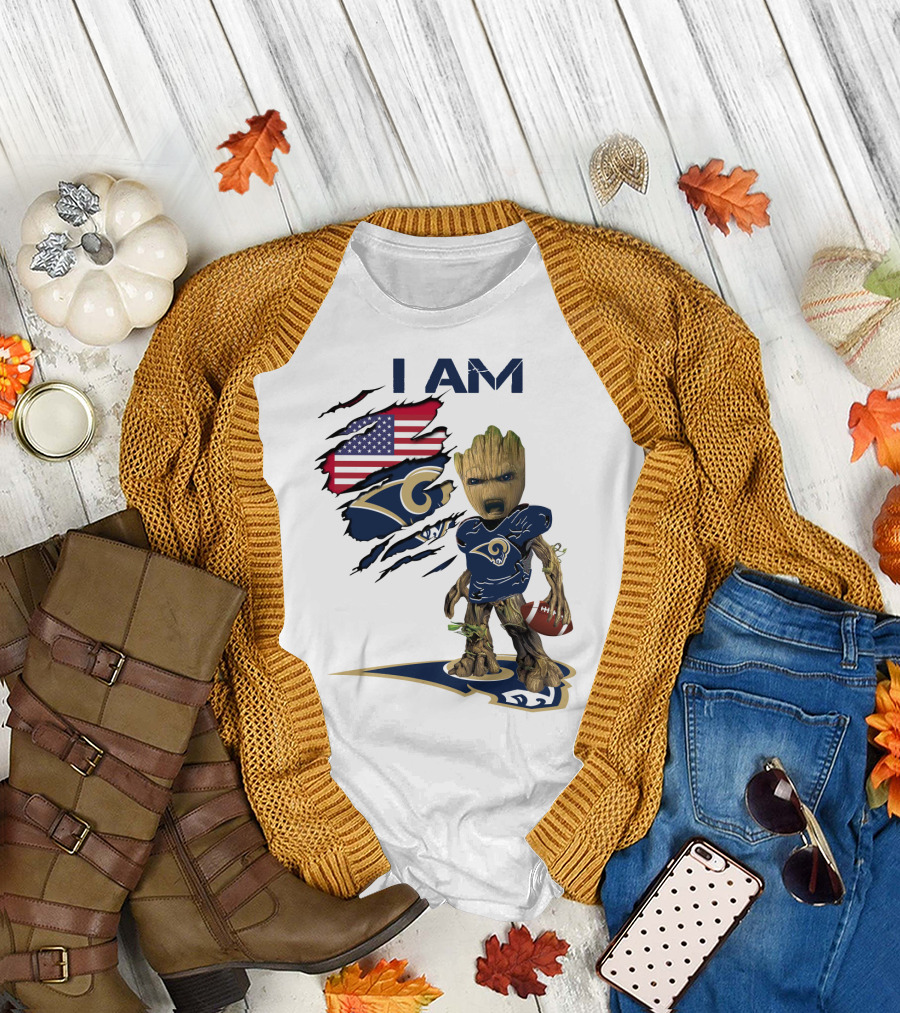 I AM Rams Baby Groot Football USA Flag T-Shirt