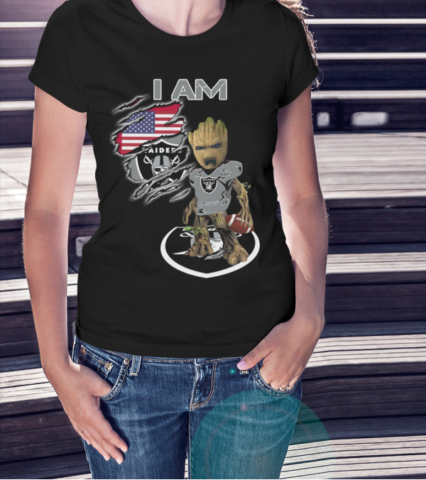I AM Raiders Baby Groot American Flag Football T-Shirt