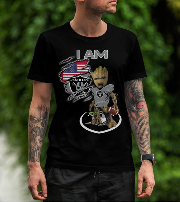 I AM Raiders Baby Groot American Flag Football T-Shirt