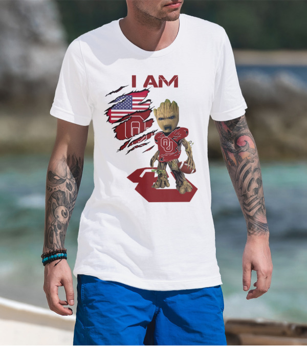 I AM Sooners Baby Groot Football USA Flag T-Shirt