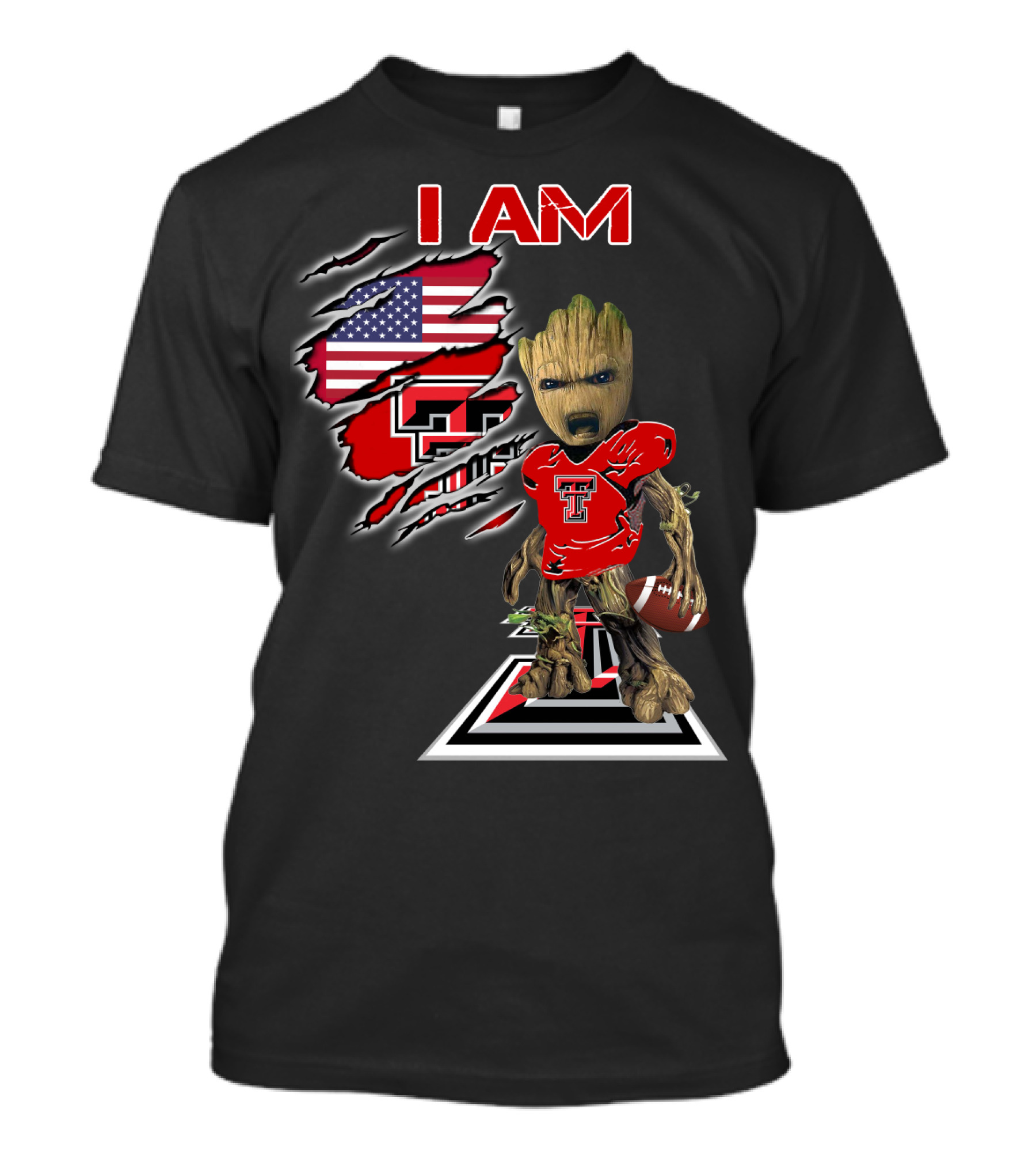 I AM Texas Tech Football American Flag Baby Groot T-Shirt