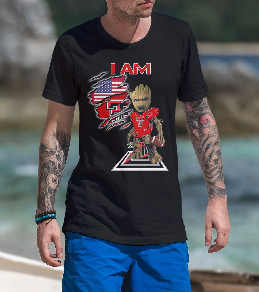 I AM Texas Tech Football American Flag Baby Groot T-Shirt