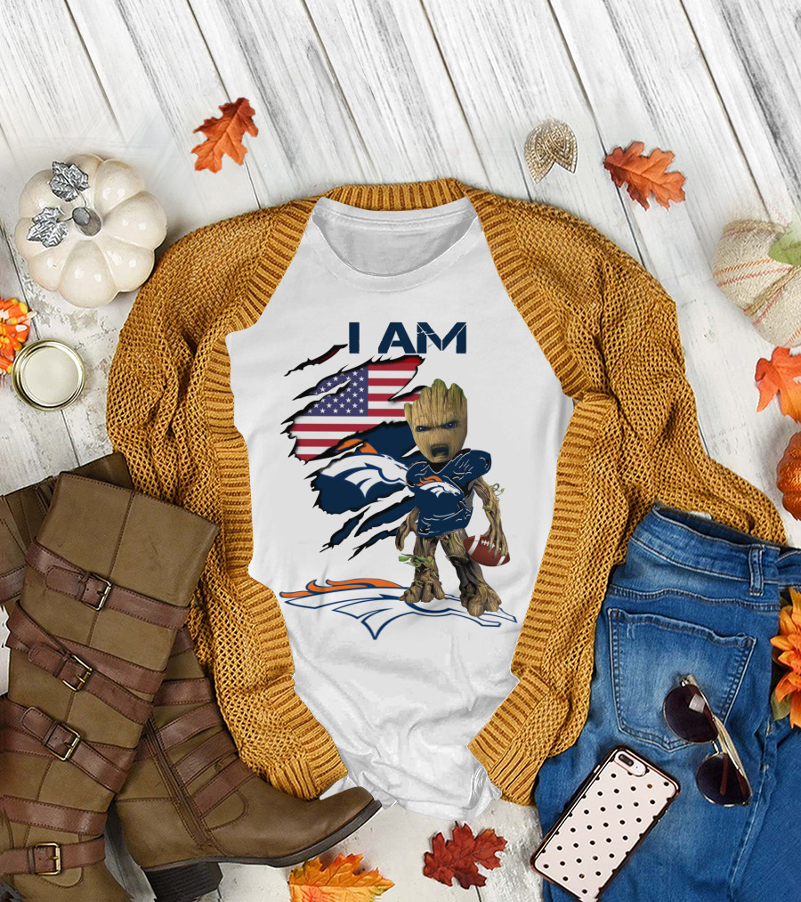 I Am Broncos Baby Groot American Flag Football T-Shirt