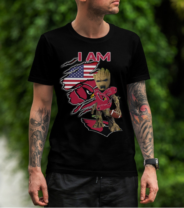 I Am Arizona Cardinals Baby Groot American Flag T-Shirt