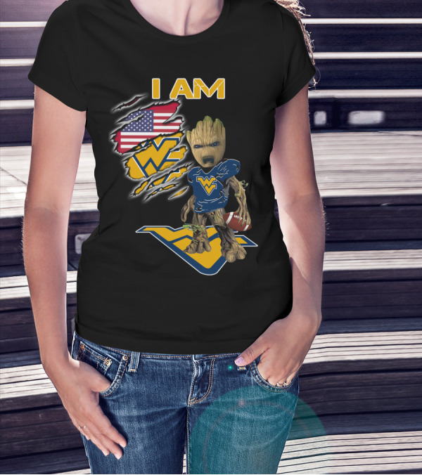 I AM West Virginia Mountaineers Baby Groot Football Fan USA Flag T-Shirt
