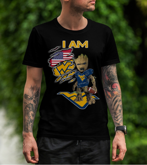 I AM West Virginia Mountaineers Baby Groot Football Fan USA Flag T-Shirt