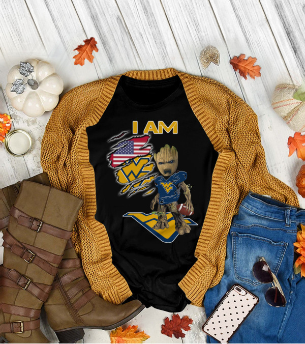 I AM West Virginia Mountaineers Baby Groot Football Fan USA Flag T-Shirt