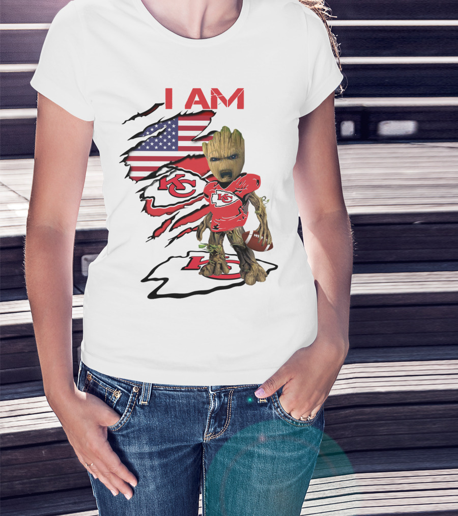 I Am Chiefs Baby Groot American Flag Football KC T-Shirt