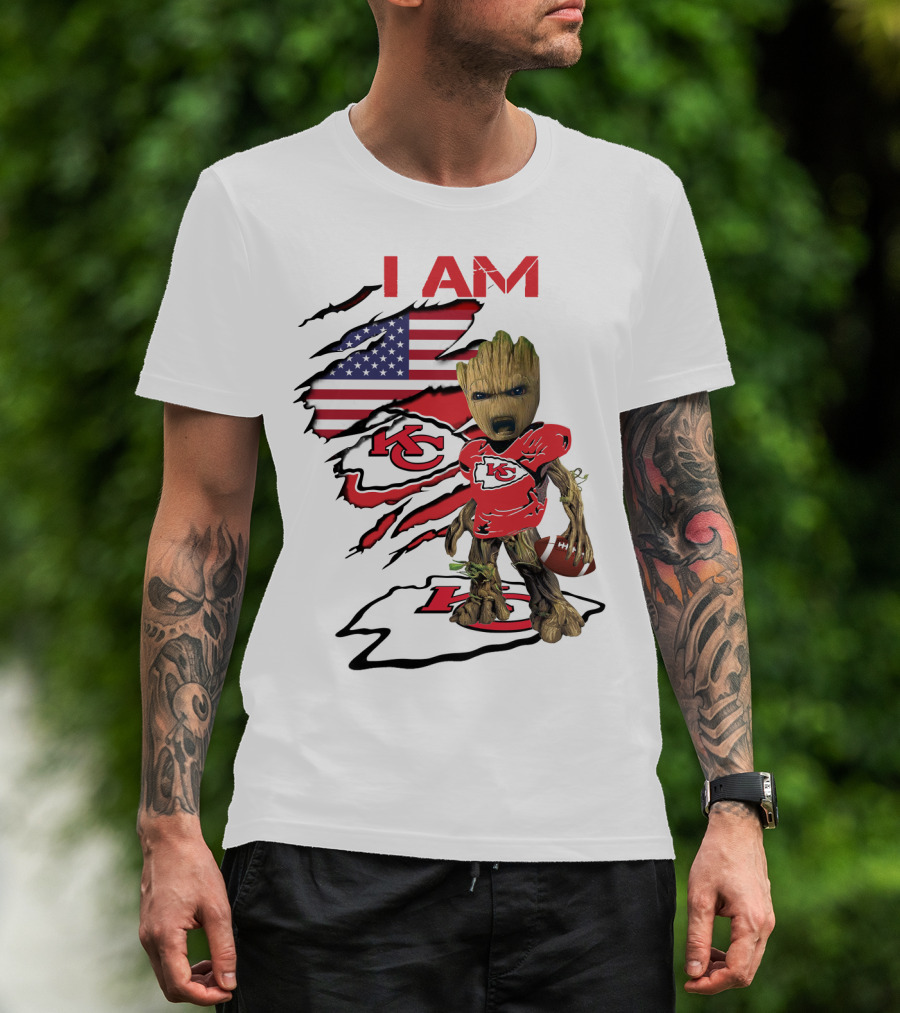 I Am Chiefs Baby Groot American Flag Football KC T-Shirt