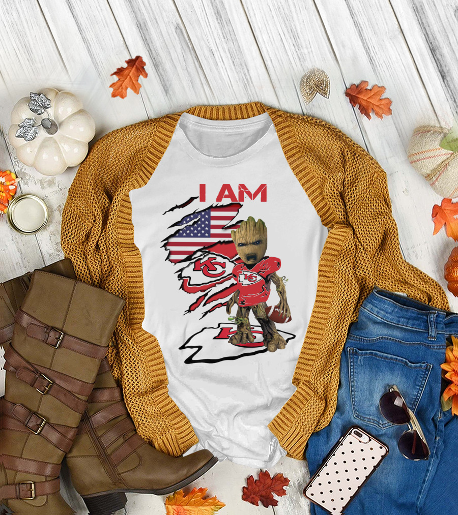 I Am Chiefs Baby Groot American Flag Football KC T-Shirt