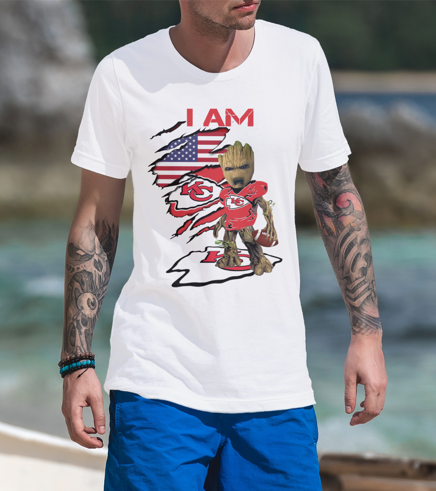I Am Chiefs Baby Groot American Flag Football KC T-Shirt